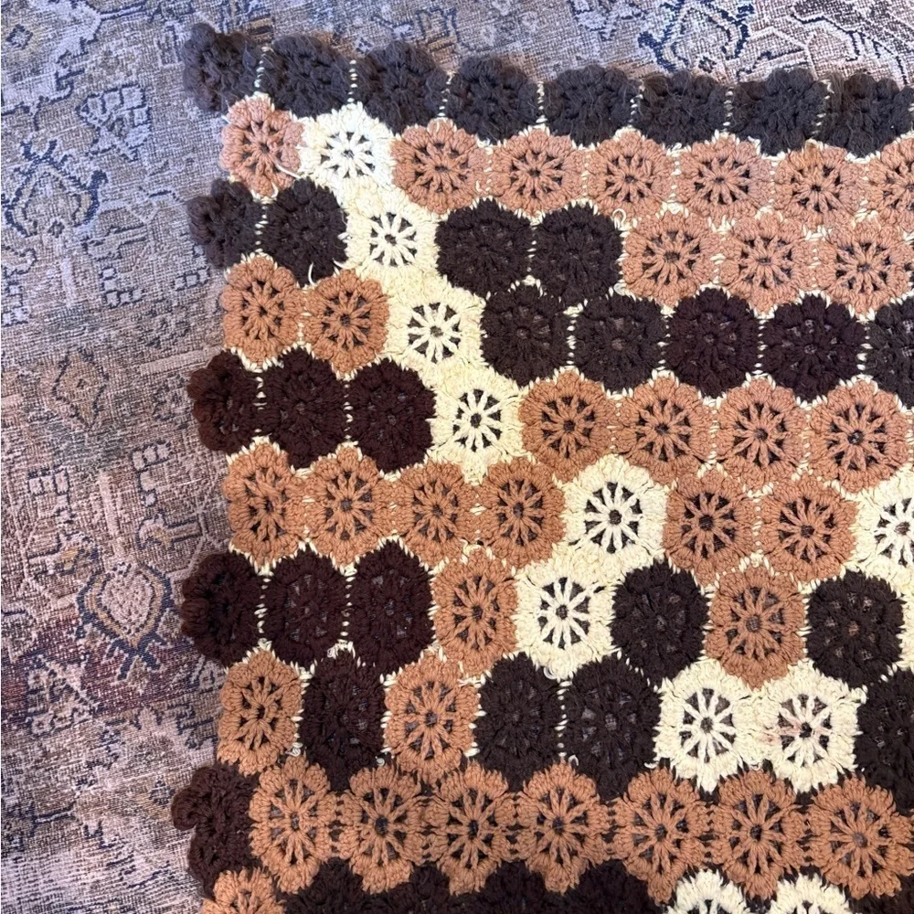 Handmade Hexagonal Crochet Blanket Brown Tan Cream